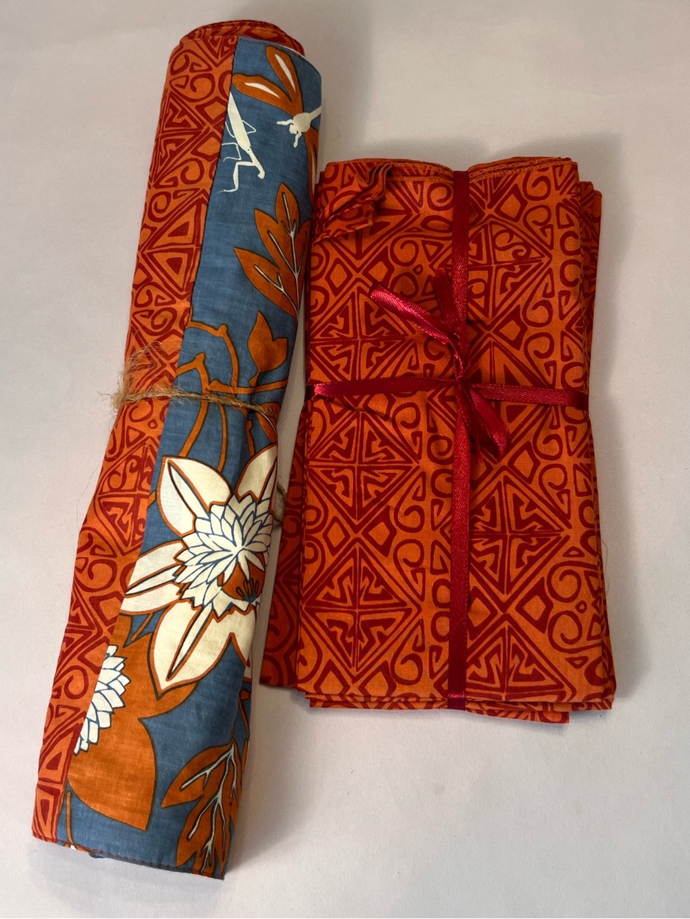 Handmade Orange & Blue Fabric Table Runner with Napkins Set